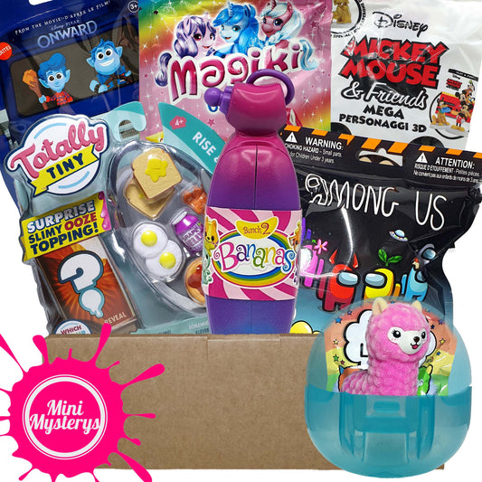Mini Mysterys Girls Toy Bundle - 7 Toys inc Totally Tiny, Disney, Bananas, Among Us, Topps Llamas (Girls Gift Ideas)