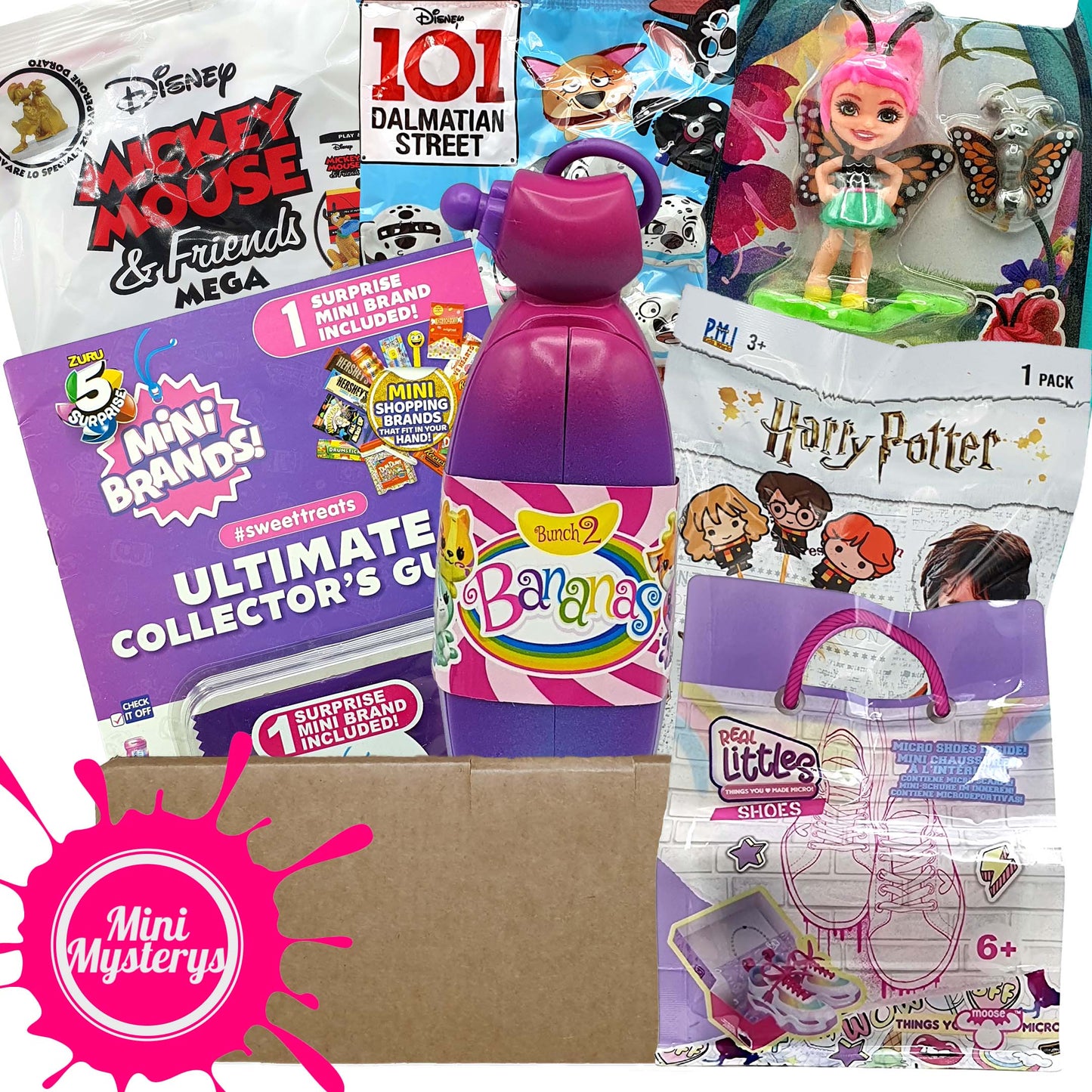 Mini Mysterys Girls Toy Bundle - 7 Toys inc Real Littles, Mini Brands, Harry Potter, Disney, Bananas Blind Bags (Girls Gift Ideas)